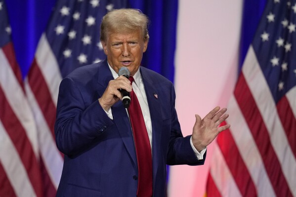 Republican presidential nominee former President Donald Trump speaks during a town hall with former Democratic Rep. Tulsi Gabbard, Thursday, Aug. 29, 2024, in La Crosse, Wis. (AP Photo/Charlie Neibergall)