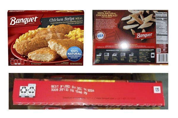 This combination of photos provided by the U.S. Department of Agriculture shows packaging for Banquet Brand Frozen Chicken Strips which was recalled by ConAgra Brands on Sept. 2, 2023, due to possible foreign matter contamination. In recent weeks, U.S. consumers have seen high-profile headlines about foods recalled for contamination with foreign objects. (USDA via AP)