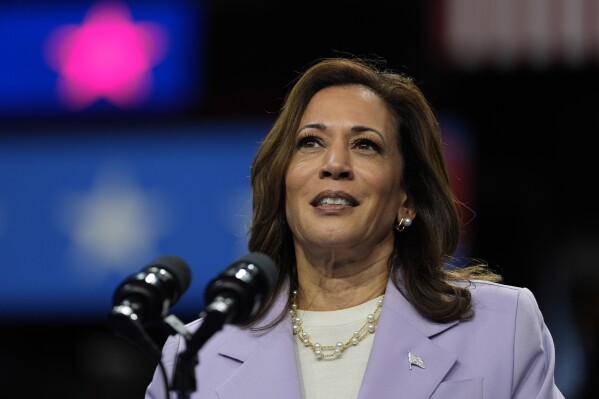 Democratic presidential nominee Vice President Kamala Harris speaks at a campaign rally, Saturday, Aug. 10, 2024, in Las Vegas. (AP Photo/Julia Nikhinson)