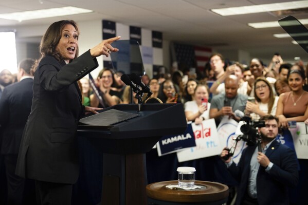 Vice President Kamala Harris speaks at her campaign headquarters in Wilmington, Del., Monday, July 22, 2024. (Erin Schaff/The New York Times via AP, Pool)