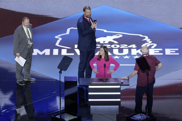 Sen. Katie Britt, R-Ala. is seen during the Republican National Convention Sunday, July 14, 2024, in Milwaukee. (AP Photo/Morry Gash)