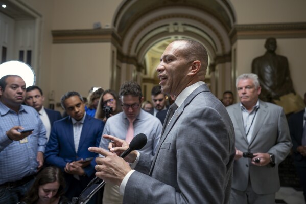 House Minority Leader Hakeem Jeffries, D-N.Y., meets with reporters to announce that he and Senate Majority Leader Chuck Schumer, D-N.Y., will be meeting with Vice President Kamala Harris to discuss her candidacy after President Joe Biden's decision to drop his reelection bid, shown at the Capitol in Washington, Monday, July 22, 2024. (AP Photo/J. Scott Applewhite)