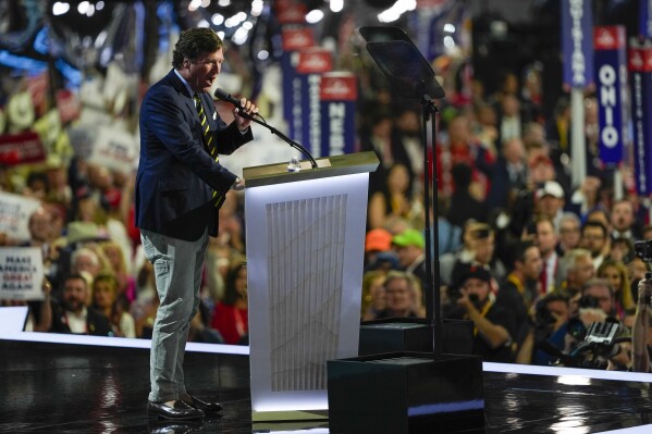 Tucker Carlson speaks during the Republican National Convention Thursday, July 18, 2024, in Milwaukee. (AP Photo/Matt Rourke)