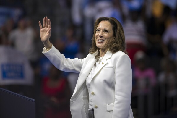 Democratic presidential nominee Vice President Kamala Harris waves at a campaign rally Thursday, Aug. 29, 2024, in Savannah, Ga. (AP Photo/Stephen B. Morton)