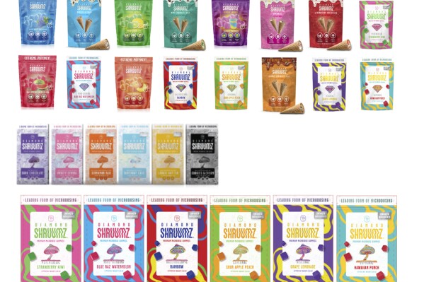 This image provided by the U.S. Food and Drug Administration shows Diamond Shruumz-brand products which have been recalled in June 2024. At least 48 people in 24 states said they got sick after eating Prophet Premium Blends LLC's products including chocolate bars, cones and gummies, the U.S. Food and Drug Administration said Tuesday, July 2, 2024. One death is “potentially associated” with the outbreak and 27 people have been hospitalized, the agency said. (FDA via AP)