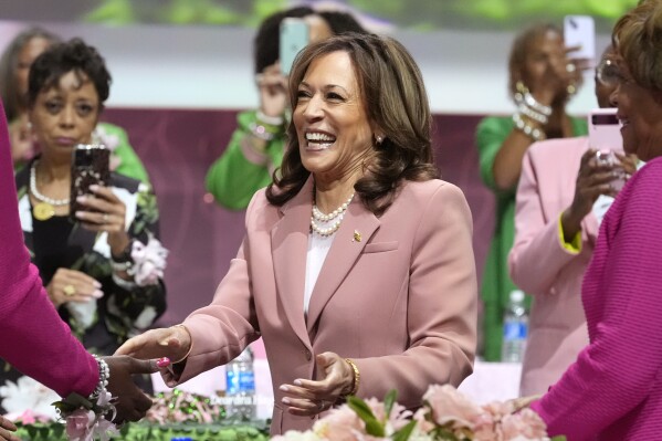 FILE - Vice President Kamala Harris speaks at the Alpha Kappa Alpha Sorority Inc. annual convention during the 71st biennial Boule at the Kay Bailey Hutchison Convention Center in Dallas, Wednesday, July 10, 2024. The #WinWithBlackWomen network says more than 40,000 Black women joined a Zoom call to support Harris on Sunday, July 21, hours after Biden ended his reelection campaign and endorsed Harris, and that the meeting was streamed to another 50,000 via other platforms. (AP Photo/LM Otero, File)