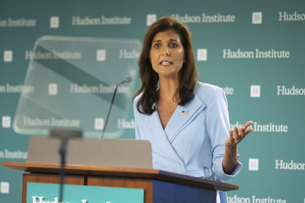 FILE - Former U.N. Ambassador Nikki Haley speaks in Washington, May 22, 2024. Haley is releasing the delegates she won during this year's Republican primary so that they're free to support Donald Trump at next week's convention. Haley on Tuesday, July 9, opted to release her 97 delegates won across a dozen primaries and caucuses earlier this year. (AP Photo/Cliff Owen, File)
