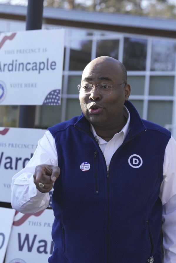 FILE - Democratic National Committee Chairman Jaime Harrison films a video encouraging people to vote in South Carolina's lead-off Democratic presidential primary on Saturday, Feb. 3, 2024, in Columbia, S.C. (AP Photo/Meg Kinnard, File)