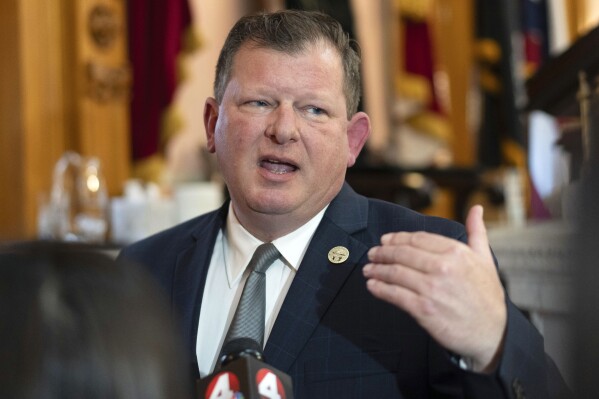 FILE - Ohio House Speaker Jason Stephens speaks to members of the media following a session of the Ohio House of Representatives in the Ohio Statehouse House Chamber on Wednesday, April 24, 2024, in Columbus, Ohio. (AP Photo/Carolyn Kaster, File)