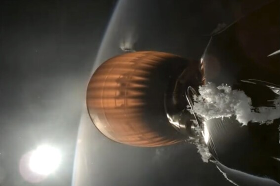 This image from video provided by SpaceX shows the upper stage engine of a SpaceX Falcon 9 rocket, which blasted off from California on Thursday, July 11, 2024. The rocket, carrying 20 Starlink satellites, malfunctioned during the blast, leaving the company’s internet satellites in a precariously low orbit. (SpaceX via AP)