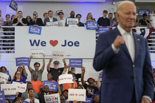 President Joe Biden on stage as he waits to be introduced at Renaissance High School, Friday, July 12, 2024, during a campaign event in Detroit. (AP Photo/Jacquelyn Martin)