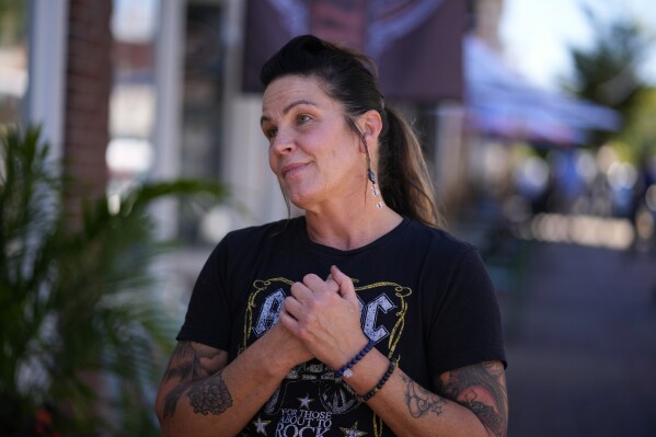 Christine Desumma, of Bristol, Pa., pauses while speaking during an interview, Wednesday, Sept. 11, 2024, in Bristol, Pa. (AP Photo/Matt Slocum)