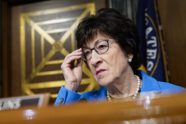 FILE - Senate Appropriations Committee Vice Chair Susan Collins, R-Maine, questions Secretary of State Antony Blinken and Defense Secretary Lloyd Austin in Washington, Oct. 31, 2023. Collins didn't vote for Donald Trump for president in 2016 or 2020, and told reporters Friday, July 12, 2024, that she intends to write in former South Carolina Gov. Nikki Haley's name on the ballot in November. (AP Photo/J. Scott Applewhite, File)