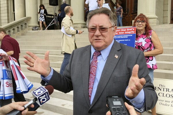 FILE - Shelby Township Clerk Stan Grot speaks with reporters after announcing his 2018 Republican run for Michigan secretary of state on Tuesday, Aug. 22, 2017, at the Capitol in Lansing, Mich. Grot, a Republican who has served as the Shelby Township clerk since 2012, was notified Thursday, July 20, 2023, that he will be prohibited from holding elections after being charged earlier this week for acting as a fake election in 2020 for then-President Donald Trump. (AP Photo/David Eggert, File)