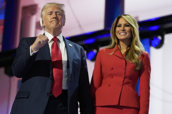 Republican presidential candidate former President Donald Trump and Melania Trump during the final day of the Republican National Convention Thursday, July 18, 2024, in Milwaukee. (AP Photo/Paul Sancya)