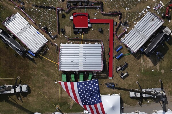 This aerial photo of the Butler Farm Show, site of the Saturday, July 13, 2024 Trump campaign rally, shown Monday, July 15, 2024 in Butler, Pa. On Saturday, Republican presidential candidate former President Donald Trump was wounded during an assassination attempt while speaking at the rally. (AP Photo/Gene J. Puskar)