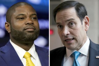 This combination photo shows Rep. Byron Donalds, R-Fla., on, June 15, 2024, in Detroit, left, and Sen. Marco Rubio, R-Fla., at the Capitol in Washington, Feb. 9, 2023. As former President Donald Trump narrows his options for potential running mates, Donalds and Rubio, known to be on his list, are from Florida, leaving open a scenario where his vice presidential nominee would have to move if he wins. (AP Photo)