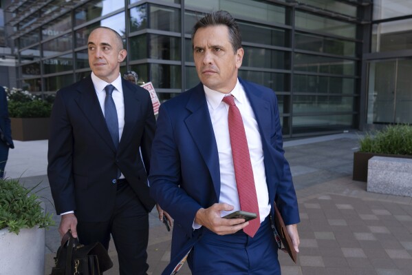 Former President Donald Trump attorneys Emil Bove, left, and Todd Blanche leave the U.S. Federal Courthouse, after a hearing, Thursday, Sep. 5, 2024, in Washington. A judge is hearing arguments about potential next steps in the federal election subversion prosecution of Donald Trump in the first hearing since the Supreme Court narrowed the case by ruling that former presidents are entitled to broad immunity from criminal charges. (AP Photo/Jose Luis Magana)