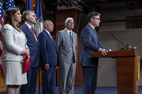 Speaker of the House Mike Johnson, R-La., right, and other Republican leaders, from left, GOP Conference Chair Elise Stefanik, R-NY, Rep. Michael Guest, R-Miss., House Majority Leader Steve Scalise, R-La., and Majority Whip Tom Emmer, R-Minn., meet with reporters to condemn former President Donald Trump's guilty conviction in a New York court last week, at the Capitol in Washington, Tuesday, June 4, 2024. Johnson also called President Joe Biden the worst president in American history. (AP Photo/J. Scott Applewhite)