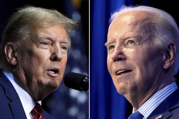 FILE - This combo image shows Republican presidential candidate former President Donald Trump, left, March 9, 2024 and President Joe Biden, right, Jan. 27, 2024. It hasn’t happened in almost anyone’s lifetime: two presidents squaring off in one election. Joe Biden and his predecessor, Donald Trump, have track records in office that voters will judge alongside their promises. (AP Photo, File)