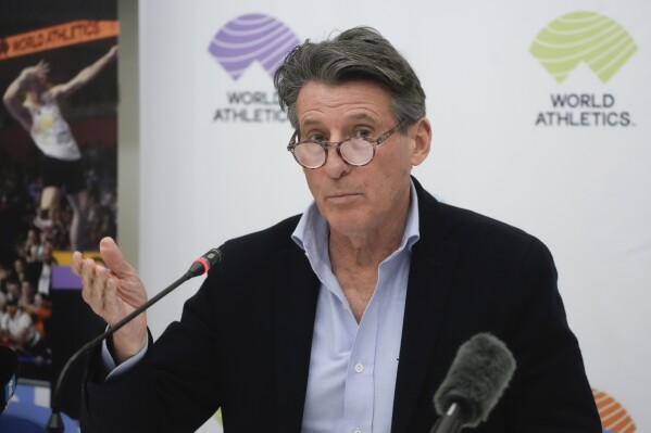 FILE - World Athletics President Sebastian Coe holds a press conference at the conclusion of the World Athletics meeting at the Italian National Olympic Committee, headquarters in Rome, Nov. 30, 2022. (AP Photo/Gregorio Borgia, File)