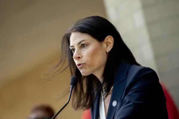 FILE - Michigan Attorney General Dana Nessel speaks as she joins Genesee County Sheriff Chris Swanson and other state and local officials taking action against Lockhart Chemical in a news conference on Sept. 19, 2022, outside of the Genesee County Sheriff's Office in Flint, Mich. (Jake May/The Flint Journal via AP, File)