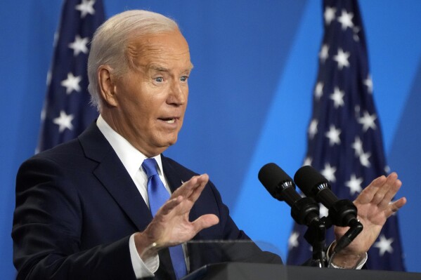 President Joe Biden speaks at a news conference Thursday July 11, 2024, on the final day of the NATO summit in Washington. (AP Photo/Jacquelyn Martin)