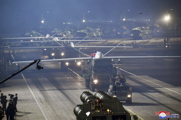 FILE - This photo provided by the North Korean government, shows what it says attack drones during a military parade to mark the 70th anniversary of the armistice that halted fighting in the 1950-53 Korean War, on Kim Il Sung Square in Pyongyang, North Korea, July 27, 2023. South Korea said Thursday it will begin deploying laser weapons systems designed to intercept North Korean drones, which have caused security concerns in the South in recent years. Independent journalists were not given access to cover the event depicted in this image distributed by the North Korean government. The content of this image is as provided and cannot be independently verified. Korean language watermark on image as provided by source reads: "KCNA" which is the abbreviation for Korean Central News Agency. (Korean Central News Agency/Korea News Service via AP, File)