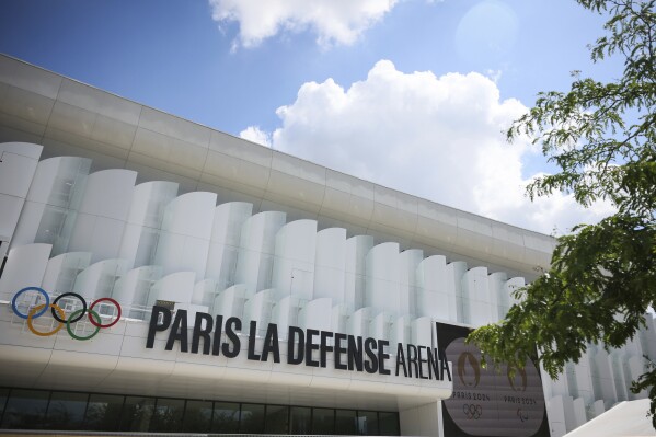 A view of the Paris La Defense Arena, Wednesday, June 12, 2024 in Nanterre, outside Paris. The Paris La Defense Arena will host the swimming and some water polo events during the Paris 2024 Olympic Games. (AP Photo/Thomas Padilla)