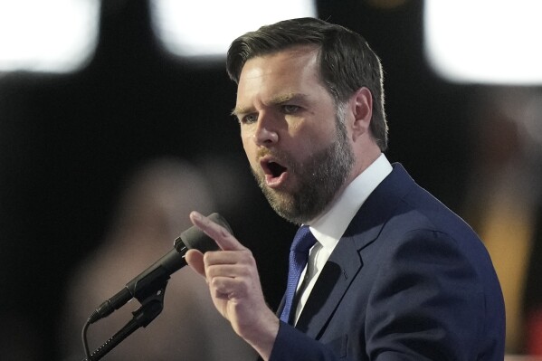 Republican vice presidential candidate Sen. JD Vance, R-Ohio, speaks during the Republican National Convention Wednesday, July 17, 2024, in Milwaukee. (AP Photo/Charles Rex Arbogast)