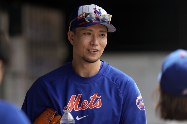 FILE - New York Mets pitcher Kodai Senga responds to questions during a news interview before the first baseball game of a doubleheader against the Los Angeles Dodgers, Tuesday, May 28, 2024, in New York. Senga has tossed 2 2/3 scoreless innings of two-hit ball Tuesday, July 9, 2024, in his second minor league rehab start. (AP Photo/Frank Franklin II, File)