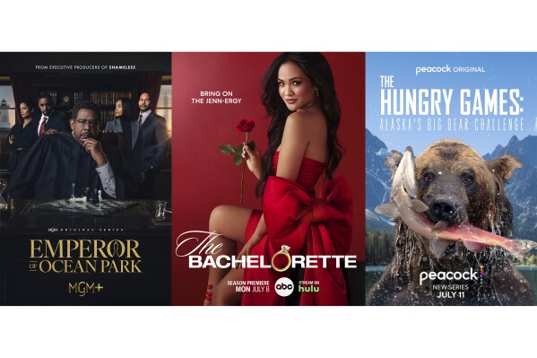 This combination of photos shows promotional art for the series "Emperor of Ocean Park," left, the reality romance series "The Bachelorette," center, and "The Hungry Games: Alaska’s Big Bear Challenge." (MGM+/ABC/Peacock via AP)