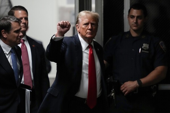 Former President Donald Trump returns from a break at Manhattan Criminal Court, Tuesday, May 28, 2024, in New York. (AP Photo/Julia Nikhinson, Pool)