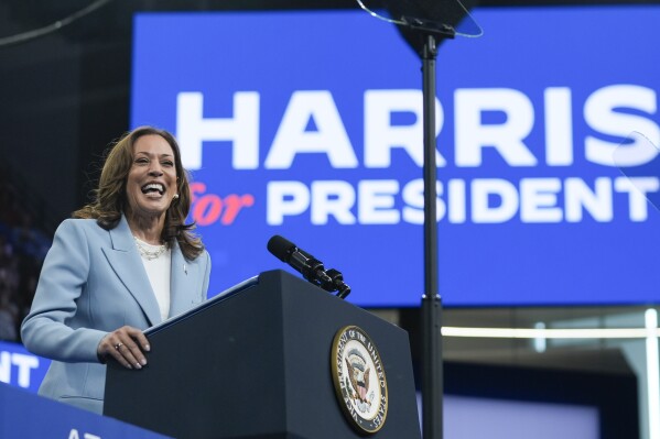 Vice President Kamala Harris speaks during a campaign rally, Tuesday, July 30, 2024, in Atlanta. (AP Photo/John Bazemore)