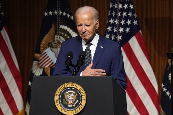 FILE - President Joe Biden speaks at an event commemorating the 60th Anniversary of the Civil Rights Act, Monday, July 29, 2024, at the LBJ Presidential Library in Austin, Texas. Ten days since ending his reelection campaign after losing the confidence of his party, Biden is still coming to terms with the stunning political whiplash he — and the country — experienced. The Democratic president is privately smarting over those who orchestrated the end of his political career and the even swifter embrace of Vice President Kamala Harris as his replacement. (AP Photo/Eric Gay, File)