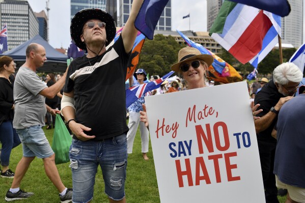 Protestors hold placards during a rally against antisemitism in Sydney, on Feb. 18, 2024. The Australian government named a special envoy Tuesday, July 9, 2024 to confront a rise in antisemitism across the country since the Israel-Hamas war began. A similar envoy will soon be appointed to challenge Islamophobia in Australia and both will promote social cohesion, Prime Minister Anthony Albanese told reporters at the Sydney Jewish Museum. (Bianca De Marchi/AAP Image via AP)