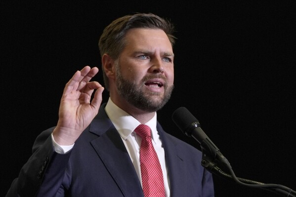 Republican vice presidential candidate Sen. JD Vance, R-Ohio, speaks at a campaign rally at Radford University, Monday, July 22, 2024, in Radford, Va. (AP Photo/Julia Nikhinson)