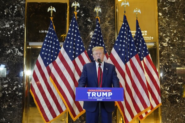 Former President Donald Trump speaks during a news conference at Trump Tower, Friday, May 31, 2024, in New York. A day after a New York jury found Donald Trump guilty of 34 felony charges, the presumptive Republican presidential nominee addressed the conviction and likely attempt to cast his campaign in a new light. (AP Photo/Julia Nikhinson)