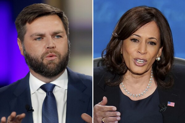 FILE - This combo image shows Republican vice presidential candidate Sen. JD Vance, R-Ohio, left, Nov. 1, 2022 and Vice President Kamala Harris, right, Oct. 7, 2020. (AP Photo)