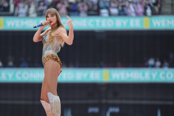 Taylor Swift performs at Wembley Stadium as part of her Eras Tour on Friday, June 21, 2024 in London. (Photo by Scott A Garfitt/Invision/AP)