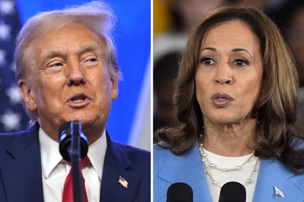 This combination photo shows Republican presidential nominee former President Donald Trump at an event, Aug. 15, 2024, in Bedminster, N.J., left, and Democratic presidential nominee Vice President Kamala Harris at a campaign event in Raleigh, N.C., Aug. 16, 2024. (AP Photo)