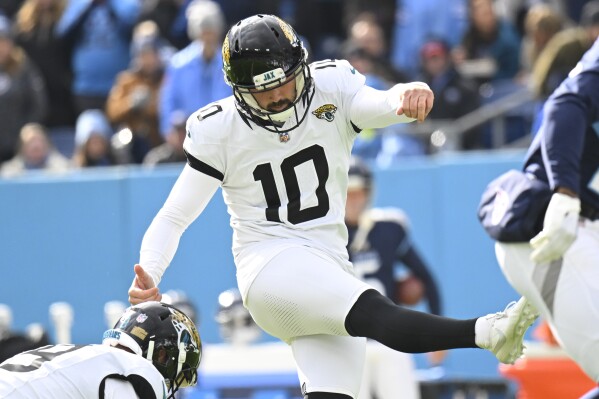 FILE - Jacksonville Jaguars place kicker Brandon McManus (10) during an NFL football game against the Tennessee Titans, Jan. 7, 2024 in Nashville, Tenn. (AP Photo/John Amis, File)