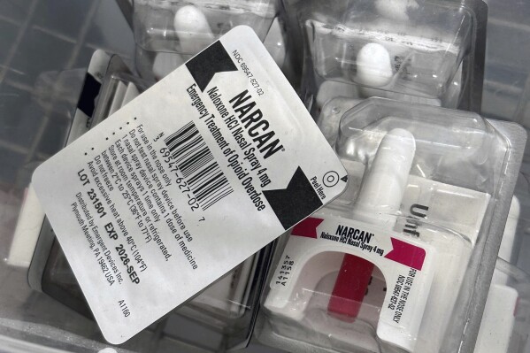 Packages of the overdose antidote naloxone await use on Thursday, June 6, 2024, at OnPoint NYC, an overdose prevention center in New York. According to a study published Monday, June 17, 2024, in JAMA Internal Medicine, people on Medicare who survived a drug overdose in 2020 were much more likely to later receive opioid painkillers than any medication to treat addiction — and some went on to die of an overdose. (AP Photo/Carla K. Johnson)