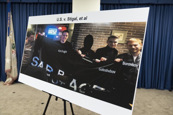 A photo of Russian suspects wanted by the FBI involved in a conspiracy to commit criminal cyber activities against Ukrainian government systems is displayed during a press conference at the Office of the United States Attorney in Baltimore, Thursday, Sept. 5, 2024. (AP Photo/Stephanie Scarbrough)