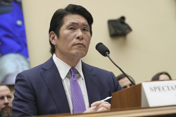 FILE - Department of Justice Special Counsel Robert Hur listens during a House Judiciary Committee hearing, March 12, 2024, on Capitol Hill in Washington. (AP Photo/Jacquelyn Martin, File)