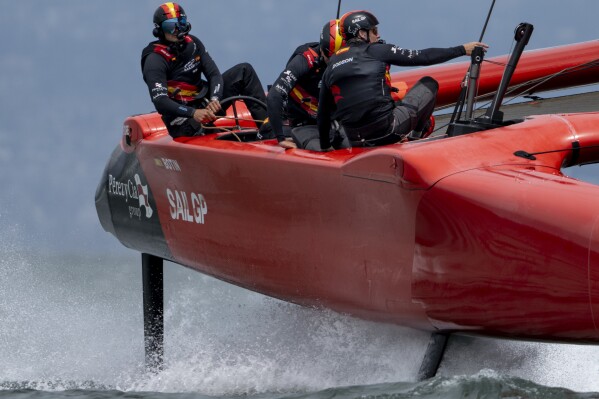 In this photo provided by SailGP, Spain SailGP Team competes on Race Day 2 of the SailGP Season 4 Grand Final in in San Francisco, Sunday, July 14, 2024. (Ricardo Pinto/SailGP via AP)
