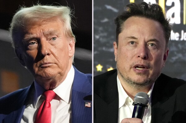 This combination photo shows Republican presidential nominee former President Donald Trump at a campaign event in New York, Sept. 5, 2024, left, and Tesla and SpaceX CEO Elon Musk at the European Jewish Association's conference in Krakow, Poland, Jan. 22, 2024. (AP Photo)