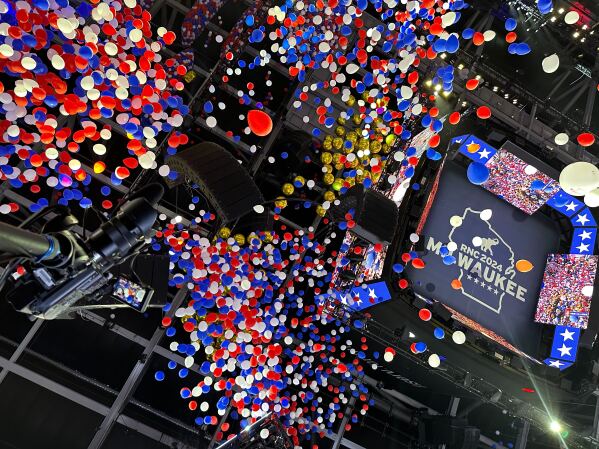 Balloons fall from the ceiling of the Fiserv Forum as the Republican National Convention concludes in Milwuakee, Wisconsin on July 19,2024. (AP Photo / Meg Kinnard)