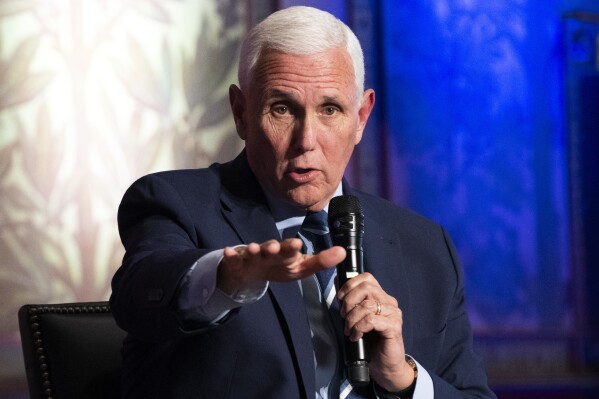 Republican presidential candidate and former Vice President Mike Pence speaks, Tuesday, Oct. 3, 2023, during an Associated Press 2024 GOP Presidential Candidates Conversations on National Security and Foreign Policy event, held in partnership with Georgetown University's Institute of Politics and Public Service, at Georgetown University in Washington. (AP Photo/Jacquelyn Martin)