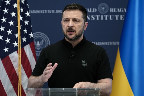 Ukrainian President Volodymyr Zelenskyy speaks at the Ronald Reagan Institute on the sideline of NATO Summit in Washington, Tuesday, July 9, 2024. (AP Photo/Jose Luis Magana)